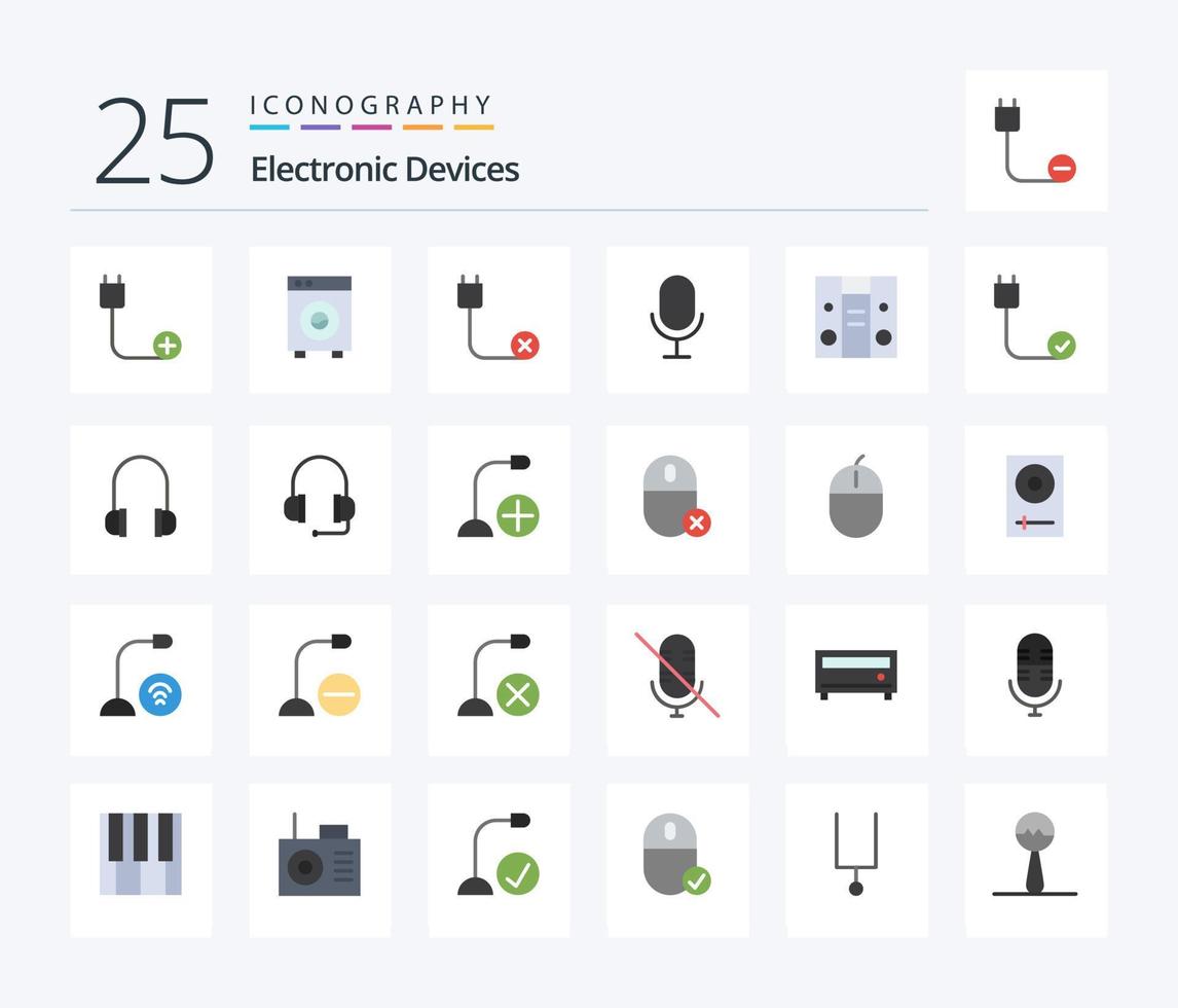 dispositivos paquete de iconos de 25 colores planos que incluye registro. micrófono equipo. hardware. dispositivos vector