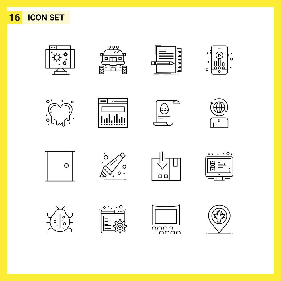 paquete de iconos vectoriales de 16 líneas y símbolos para aficiones del corazón sangrante transportar programación de audio elementos de diseño vectorial editables vector