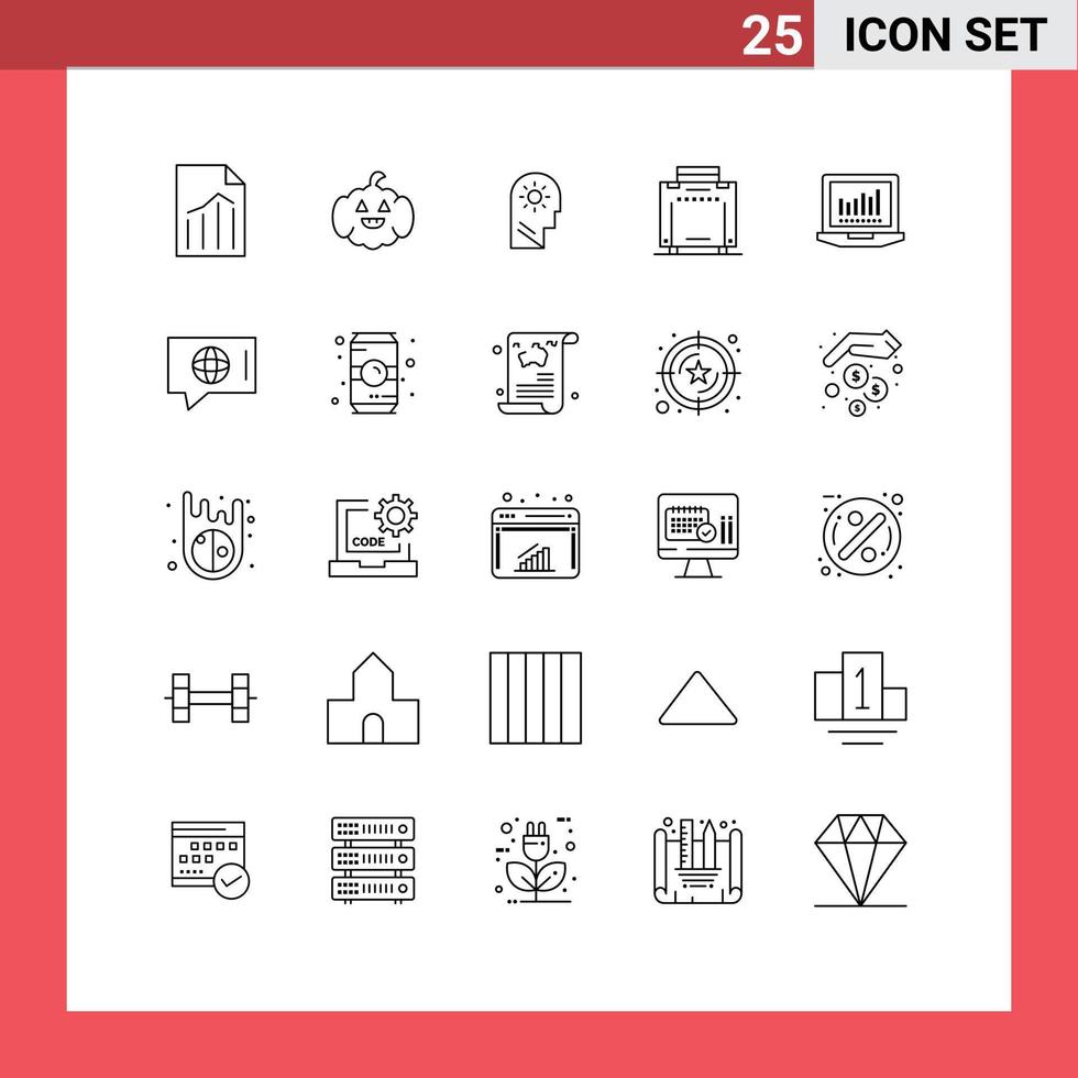 User Interface Pack of 25 Basic Lines of tecnology laptop brain travel bag Editable Vector Design Elements