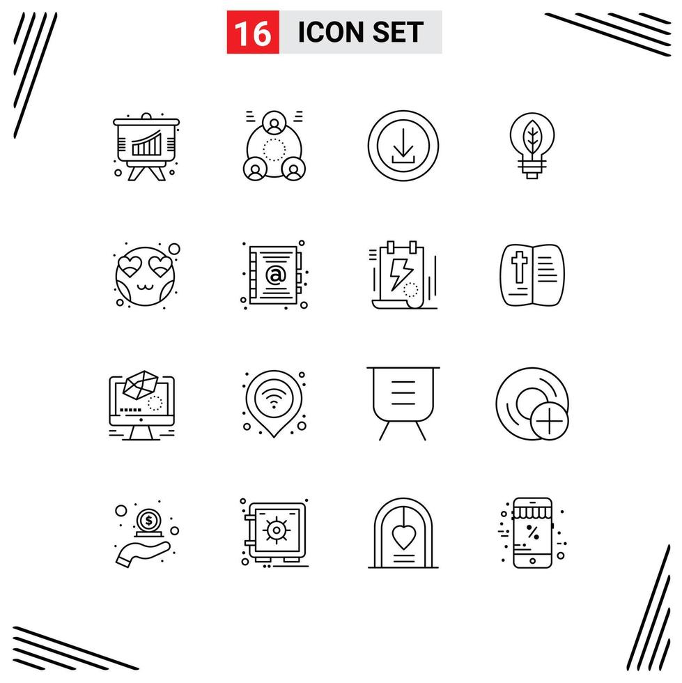 Group of 16 Outlines Signs and Symbols for heart bulb business power nature Editable Vector Design Elements
