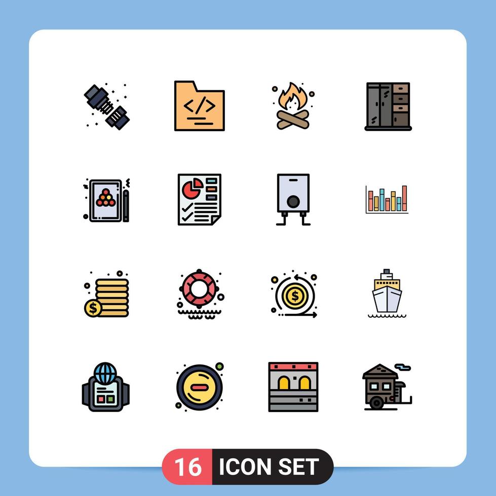 16 Universal Flat Color Filled Line Signs Symbols of pool snooker camping cabinet home Editable Creative Vector Design Elements
