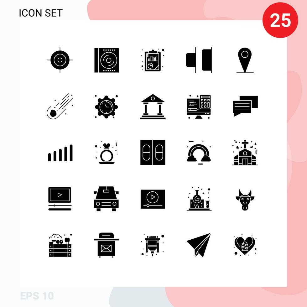 Set of 25 Vector Solid Glyphs on Grid for pin location analysis right distribute Editable Vector Design Elements