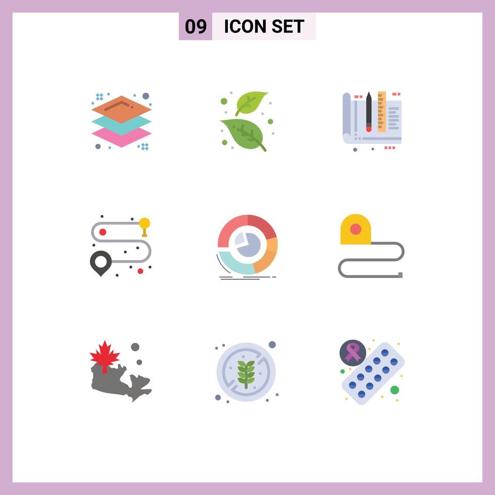 Flat Color Pack of 9 Universal Symbols of analytics route architect road tools Editable Vector Design Elements