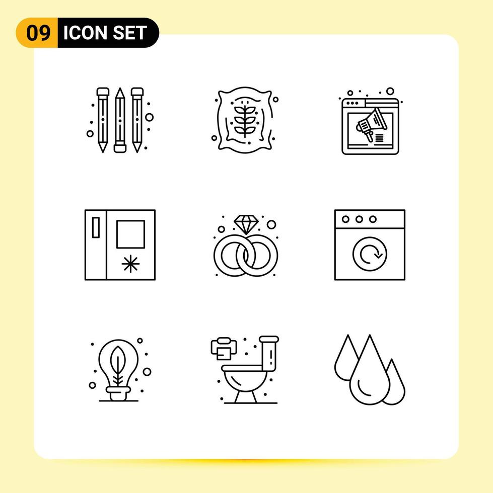 Pictogram Set of 9 Simple Outlines of app present sound diamond refrigerator Editable Vector Design Elements