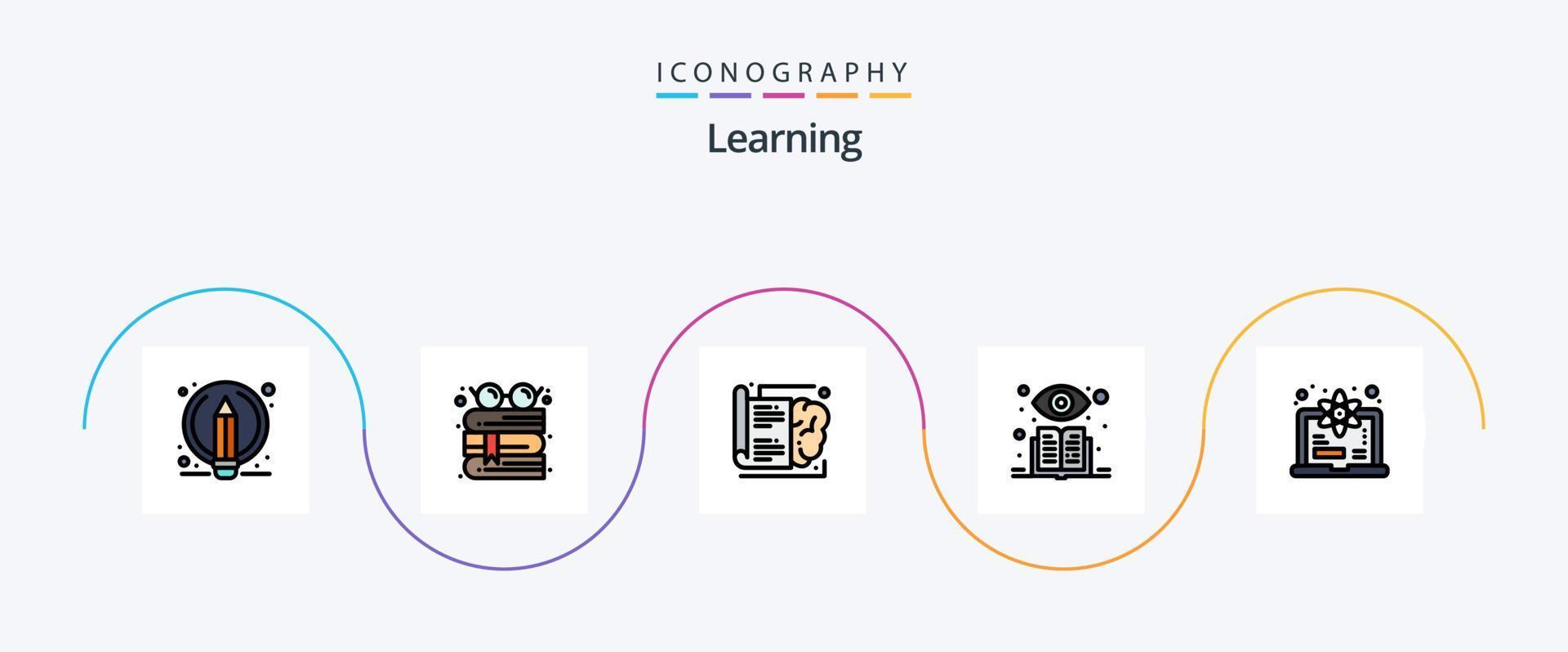 Learning Line Filled Flat 5 Icon Pack Including learn. computer. book. supervised learning. learning vector