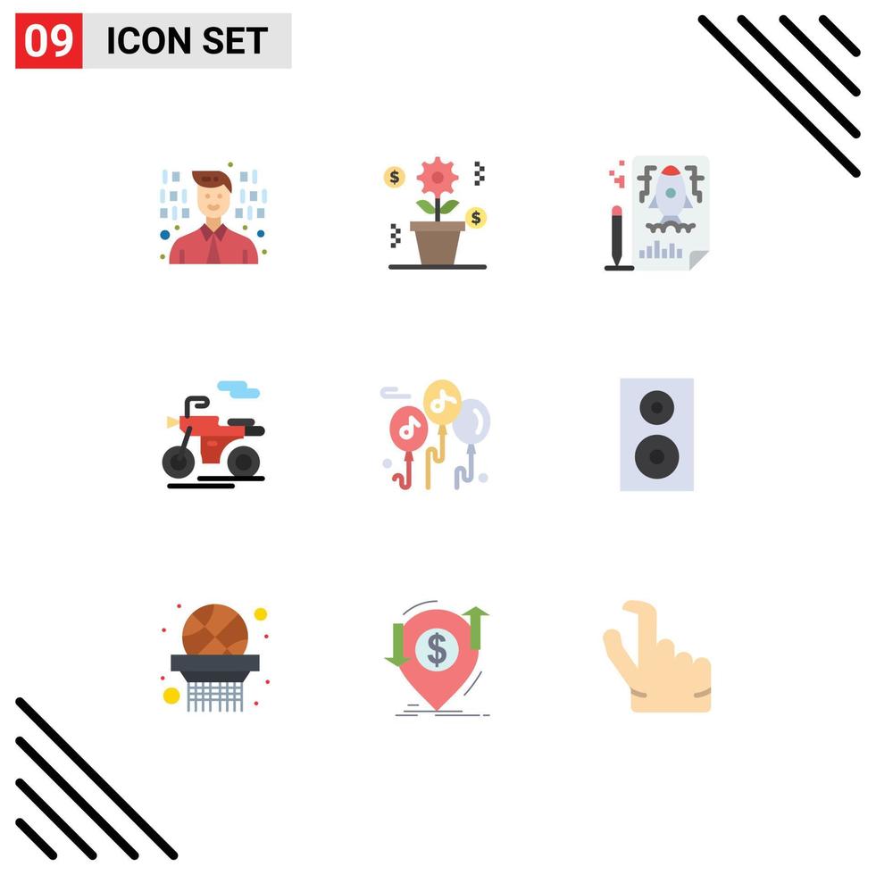 conjunto de 9 iconos de interfaz de usuario modernos símbolos signos para dispositivos música pencle globo scooter elementos de diseño vectorial editables vector