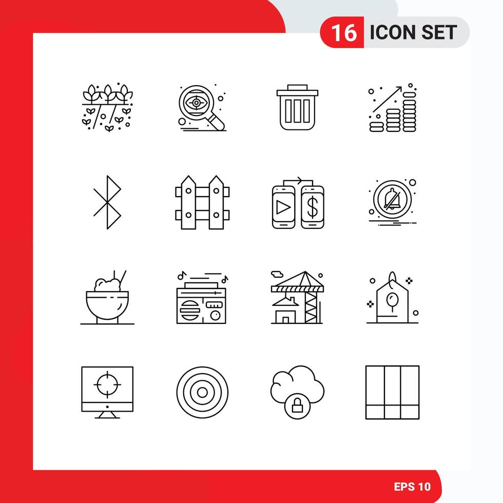 Pack of 16 creative Outlines of finance coins trash office container Editable Vector Design Elements