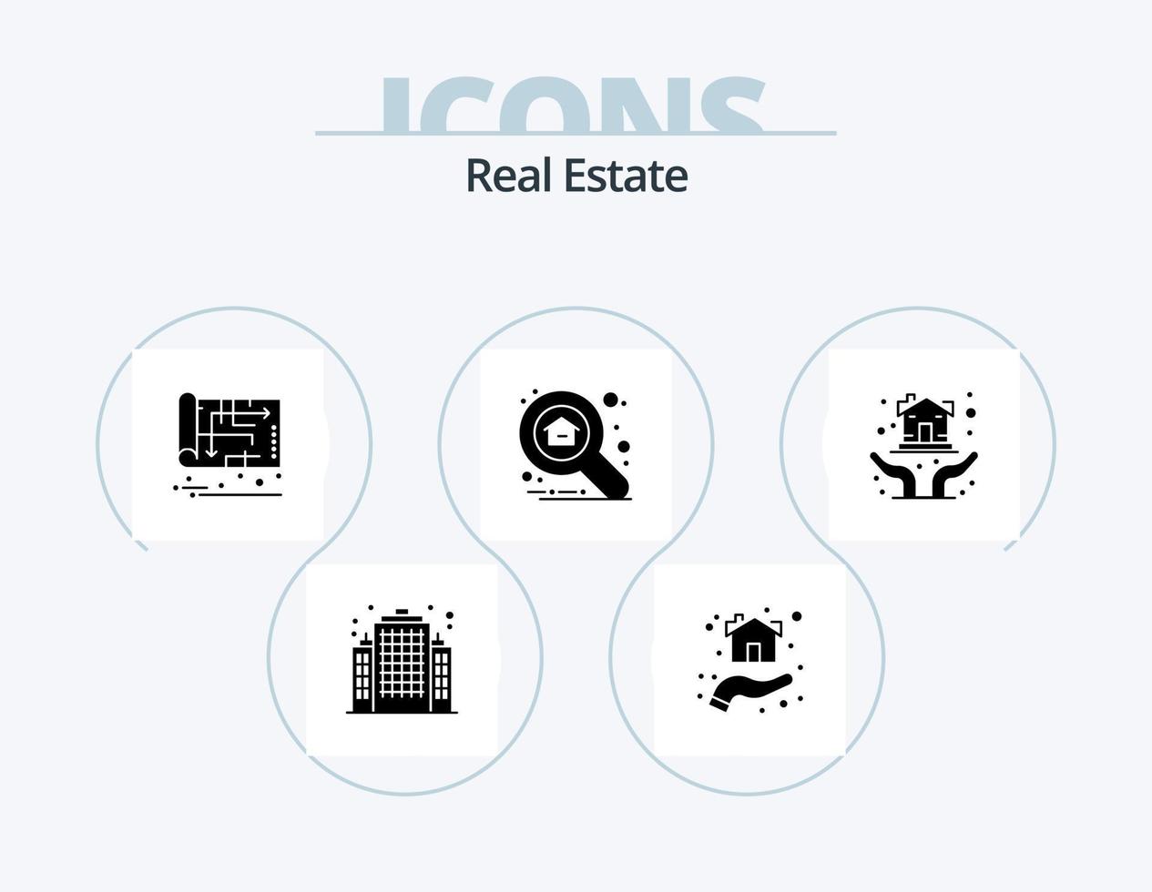 Real Estate Glyph Icon Pack 5 Icon Design. hand. search. blueprint. property. plan vector