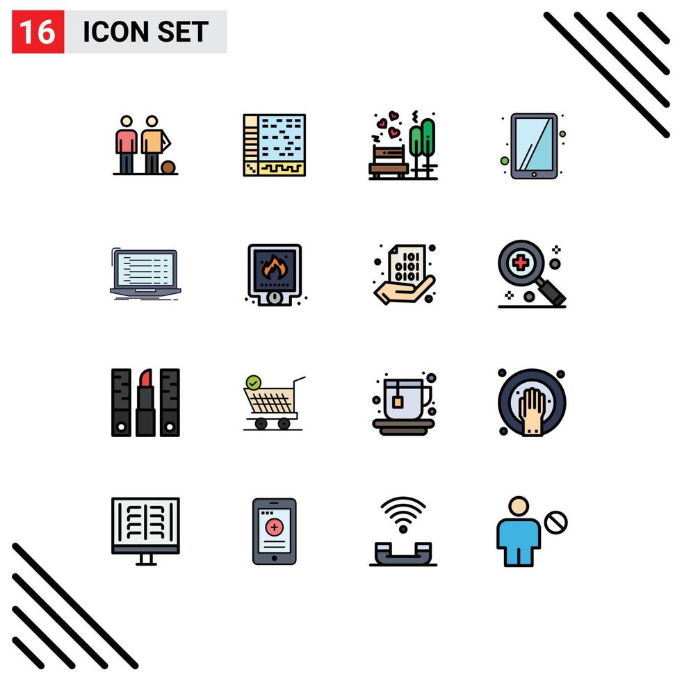 Universal Icon Symbols Group of 16 Modern Flat Color Filled Lines of touchscreen ipad computer tree bench Editable Creative Vector Design Elements