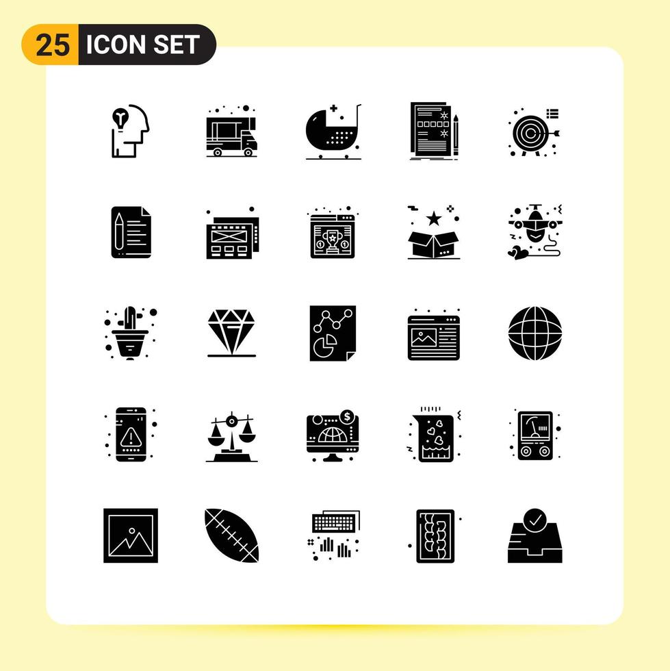 conjunto moderno de 25 glifos y símbolos sólidos, como el diseño del sistema, los datos del bebé forman elementos de diseño vectorial editables vector