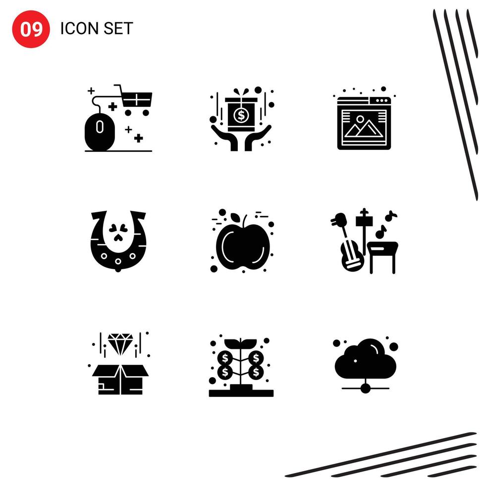 Set of 9 Commercial Solid Glyphs pack for apple horseshoe fund golden browser Editable Vector Design Elements