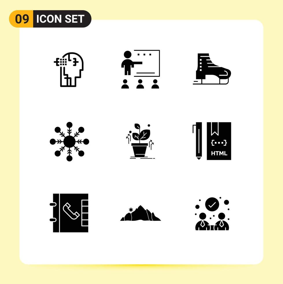 Pictogram Set of 9 Simple Solid Glyphs of plant snow students flake ice skates Editable Vector Design Elements