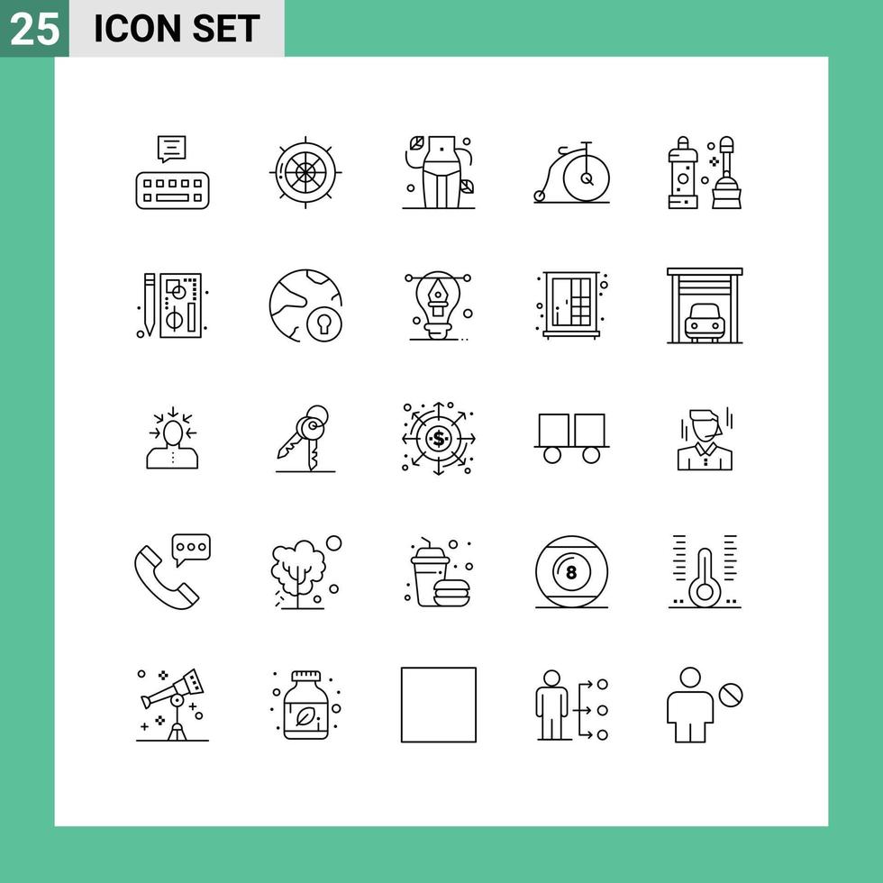 Mobile Interface Line Set of 25 Pictograms of cleaner vehicle diet transportation bike Editable Vector Design Elements