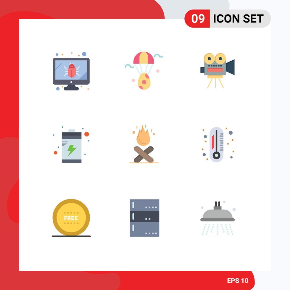 Flat Color Pack of 9 Universal Symbols of camping bonfire camera device battery Editable Vector Design Elements