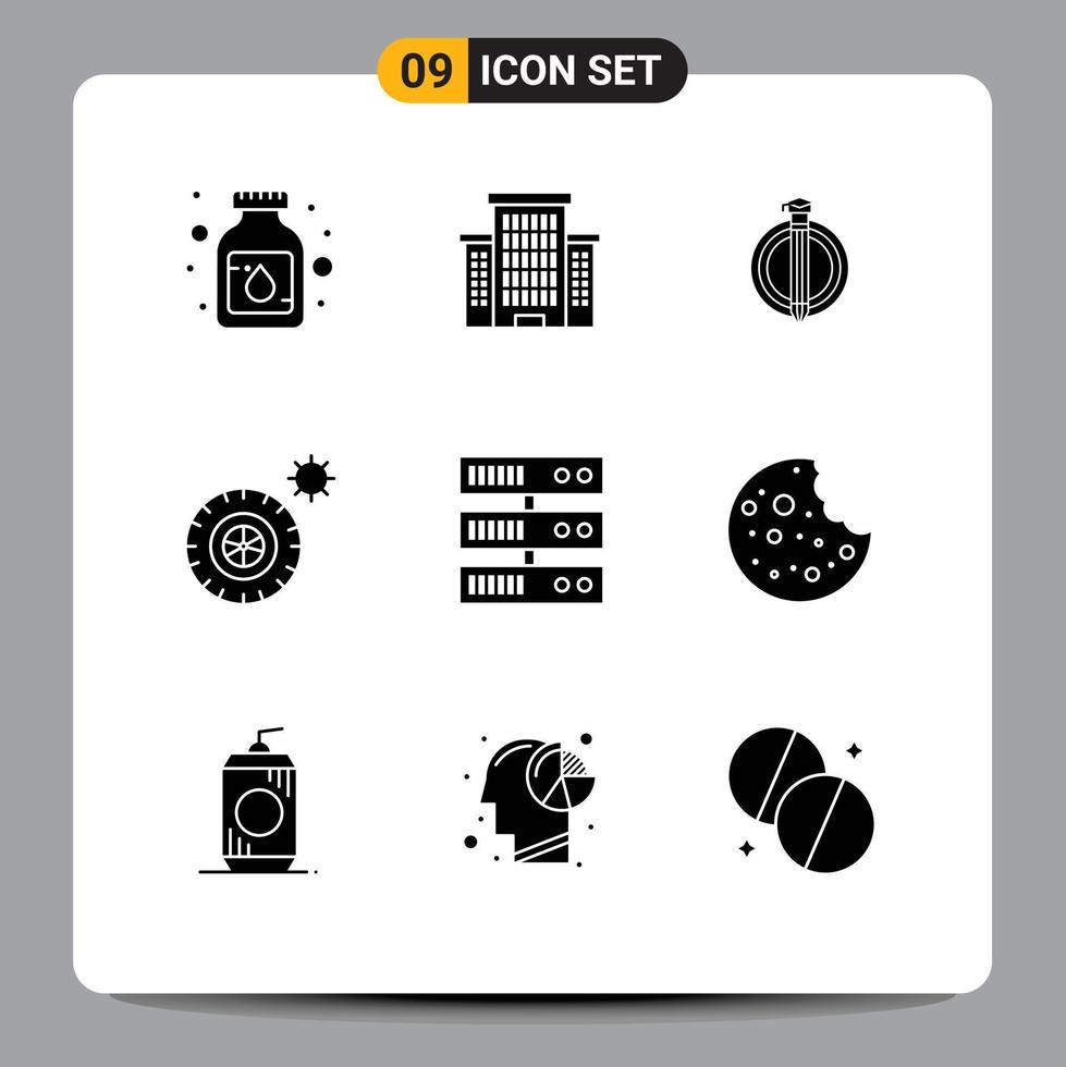 Universal Icon Symbols Group of 9 Modern Solid Glyphs of food datacenter degree backup tires Editable Vector Design Elements