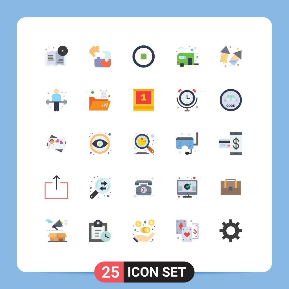 25 User Interface Flat Color Pack of modern Signs and Symbols of celebrate camping square camp bus Editable Vector Design Elements