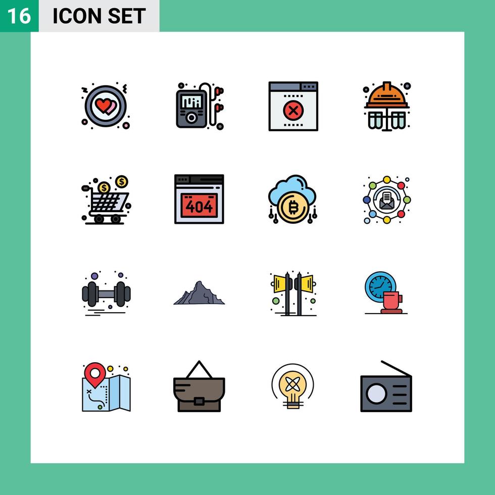 Group of 16 Modern Flat Color Filled Lines Set for shopping full wrong cart hard hat Editable Creative Vector Design Elements