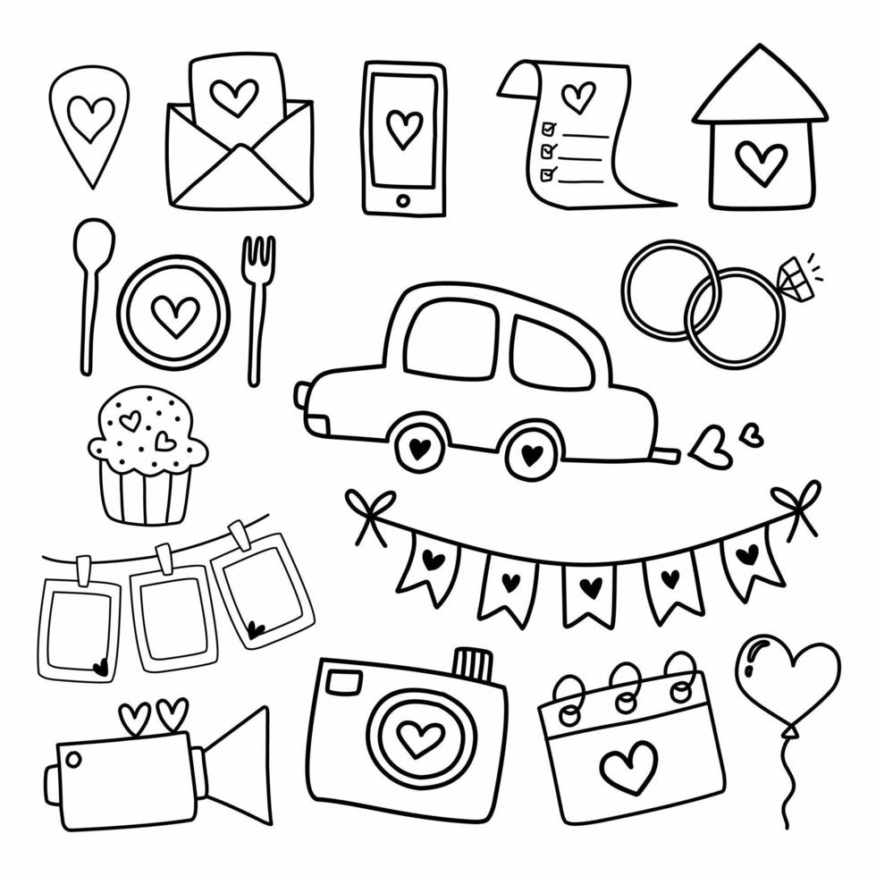 Hand drawn wedding icon doodle set vector