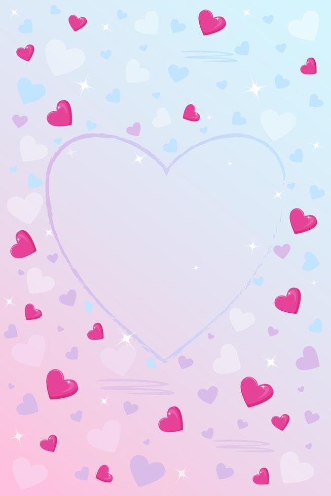 Greeting card in pink and blue tones, with a heart in the center for the text. Background of small hearts, sparks of stars. For the covers of notebooks, notebooks, Valentine's Day greeting cards vector