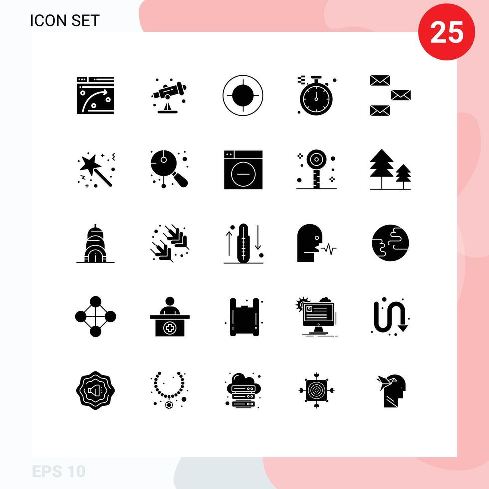 Group of 25 Modern Solid Glyphs Set for email contact focus back direction Editable Vector Design Elements