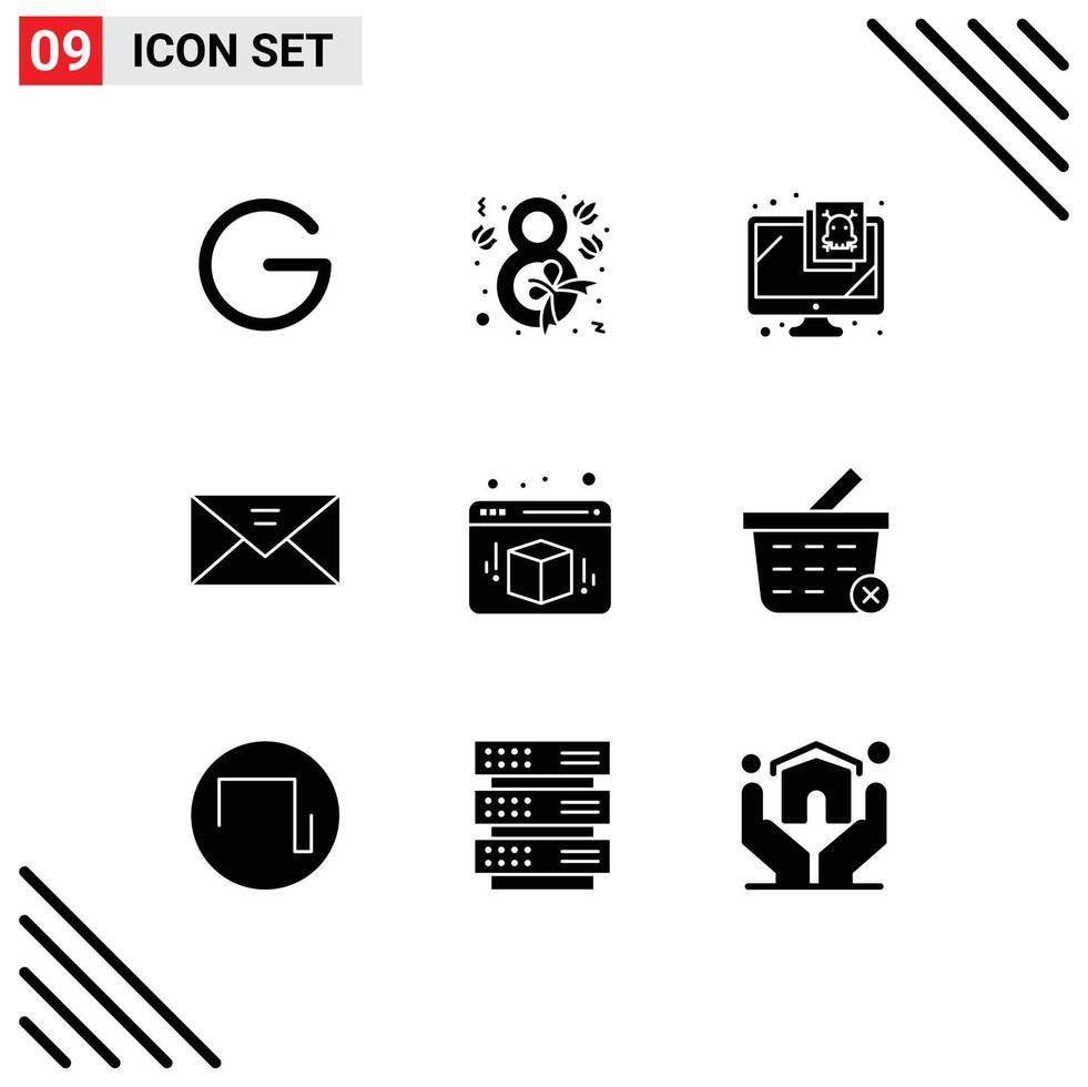 Modern Set of 9 Solid Glyphs Pictograph of box message computer mail envelope Editable Vector Design Elements