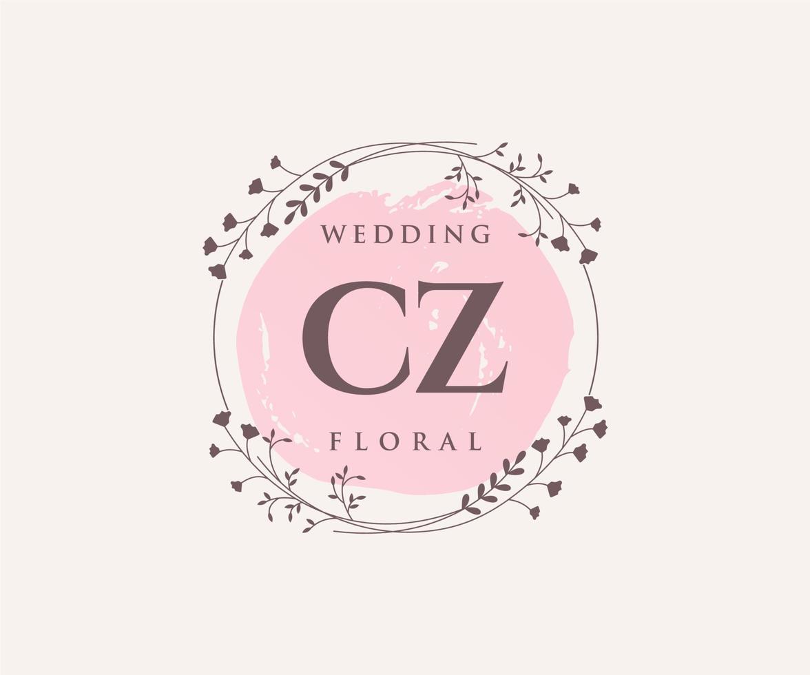 plantilla de logotipos de monograma de boda con letras iniciales cz, plantillas florales y minimalistas modernas dibujadas a mano para tarjetas de invitación, guardar la fecha, identidad elegante. vector