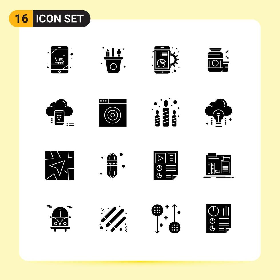 Mobile Interface Solid Glyph Set of 16 Pictograms of supplement protein chart gainer mobile Editable Vector Design Elements