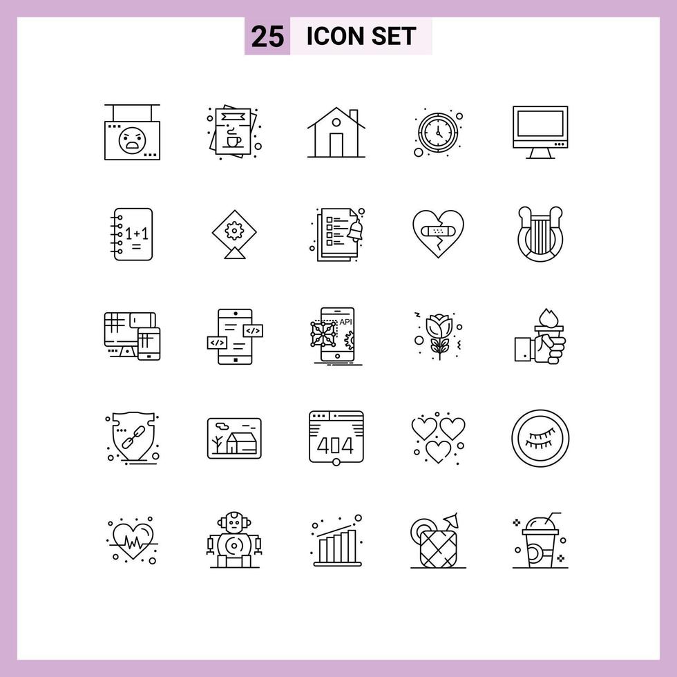 paquete de línea de 25 símbolos universales de elementos de diseño de vector editables de entrada de casa de menú de reloj de pared