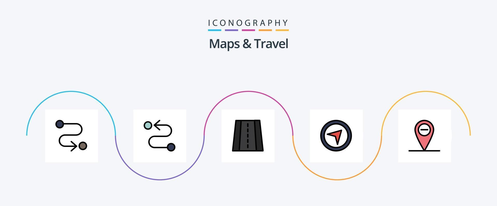 mapas y línea de viaje llenos de paquete de iconos planos 5 que incluye. puntero. vector