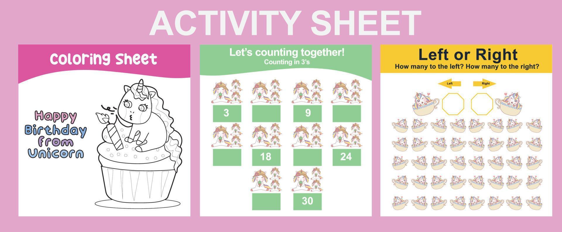 3 in 1 Activity Sheet for children. Educational printable worksheet for preschool. Coloring, counting together, left or right activity. Vector illustrations.