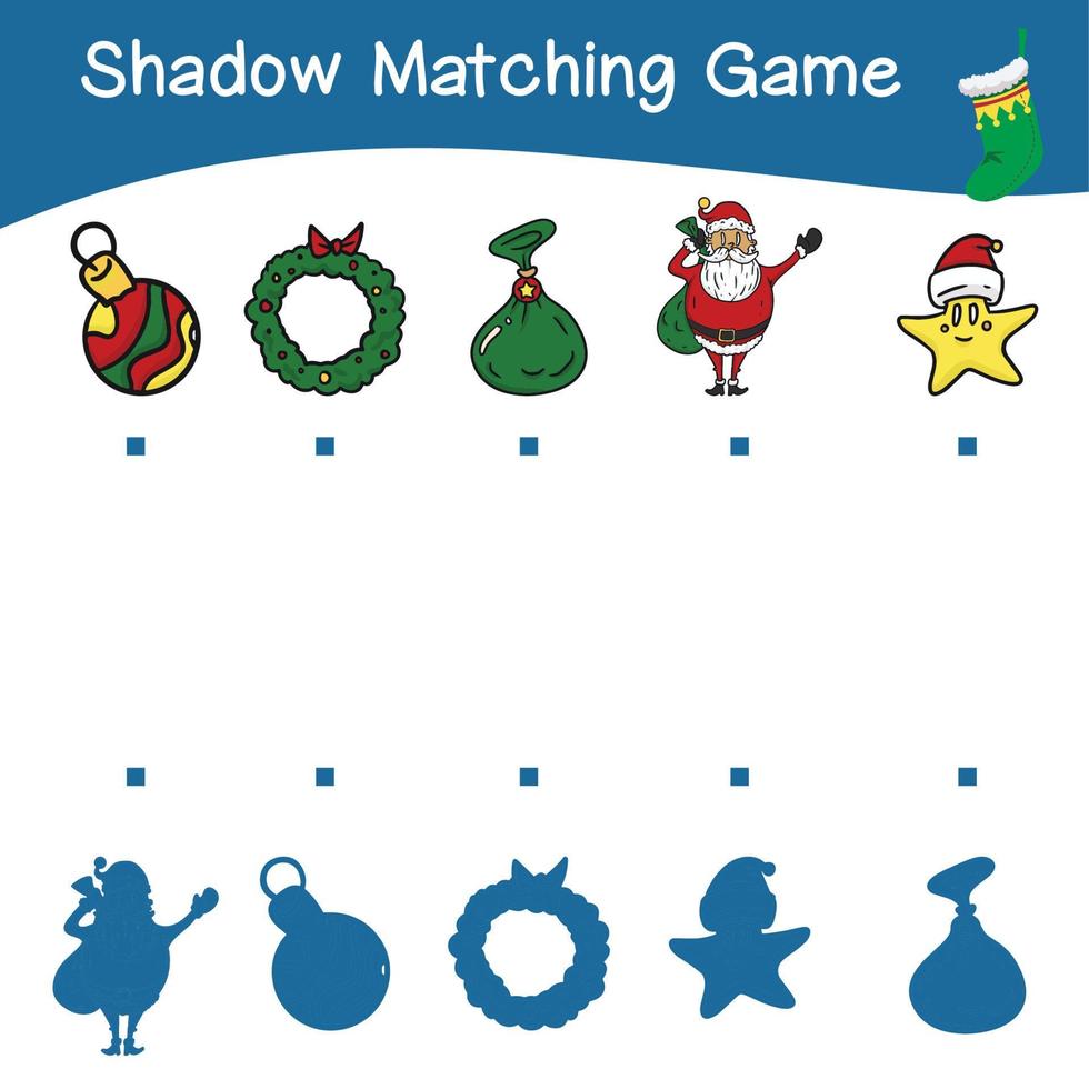 Shadow matching game worksheet Educational printable worksheet for children with Christmas theme. Matching the images with the shadow worksheet. Vector file.