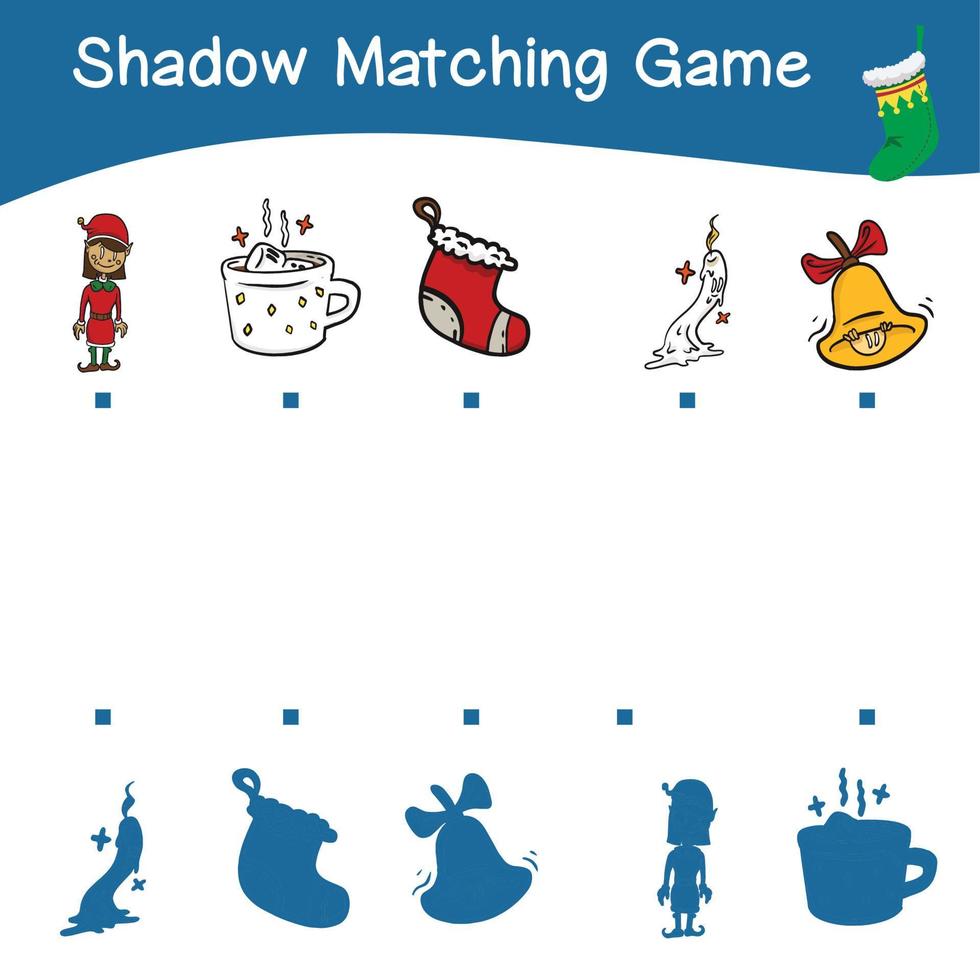 Shadow matching game worksheet Educational printable worksheet for children with Christmas theme. Matching the images with the shadow worksheet. Vector file.