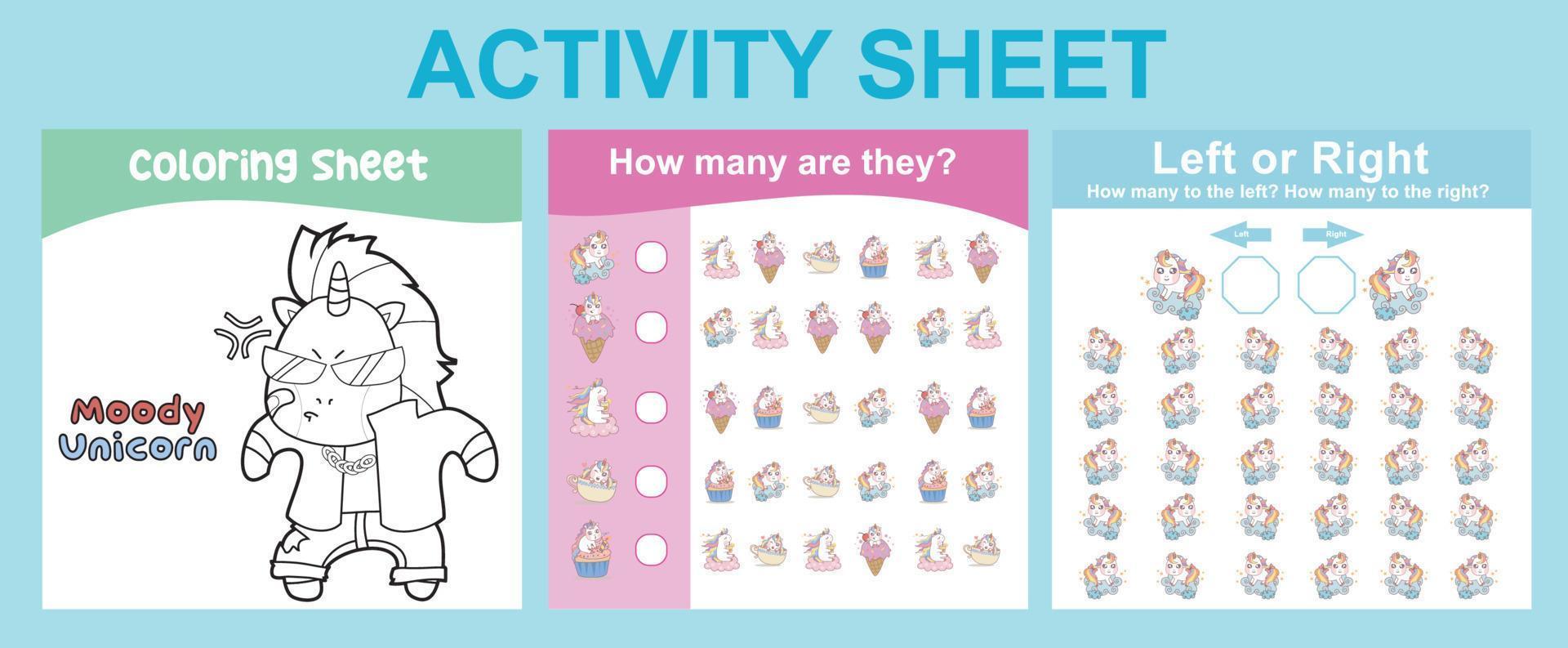 3 in 1 Activity Sheet for children. Educational printable worksheet for preschool. Coloring and counting activity. Vector illustrations.