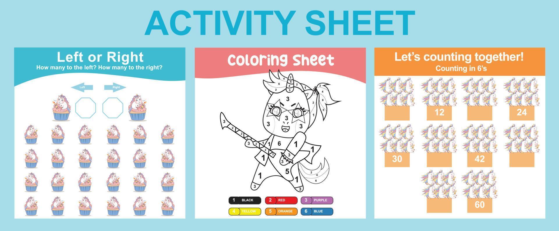 3 in 1 Activity Sheet for children. Educational printable worksheet for preschool. Coloring and counting activity. Vector illustrations.