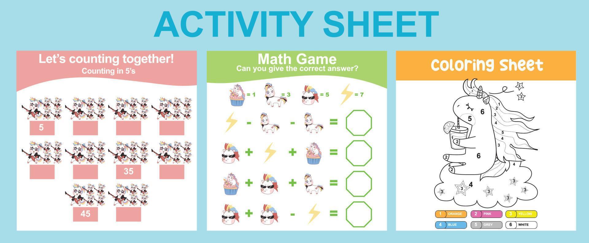 3 in 1 Activity Sheet for children. Educational printable worksheet for preschool. Coloring and counting activity. Vector illustrations.