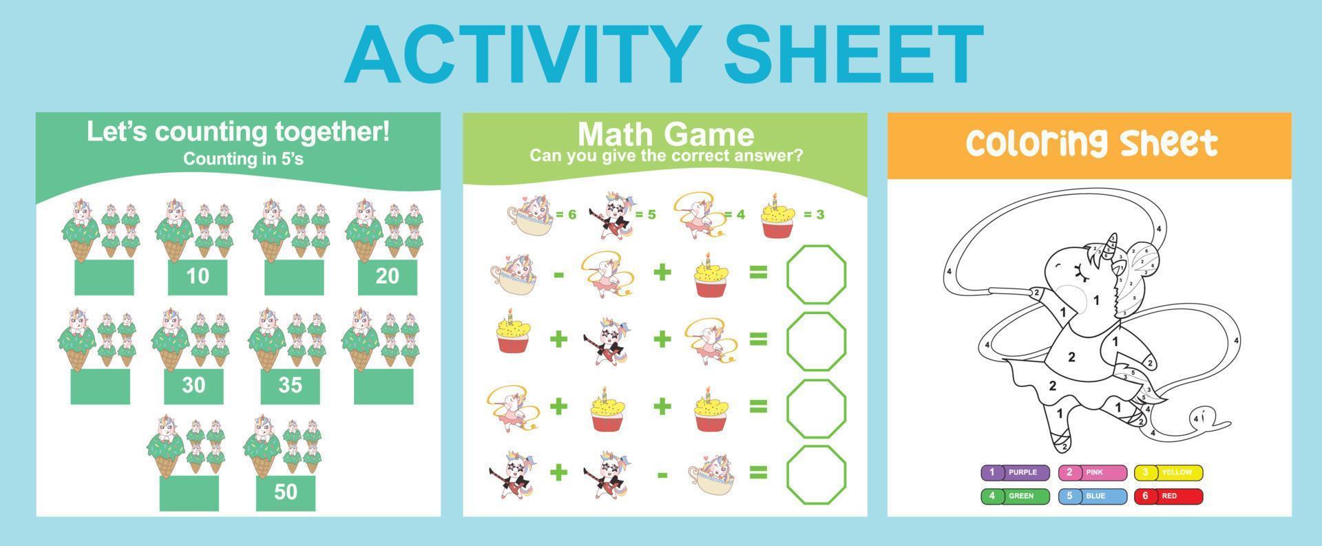 Hoja de actividades 3 en 1 para niños. hoja de trabajo imprimible educativa para preescolar. Actividad para colorear y contar. ilustraciones vectoriales. vector