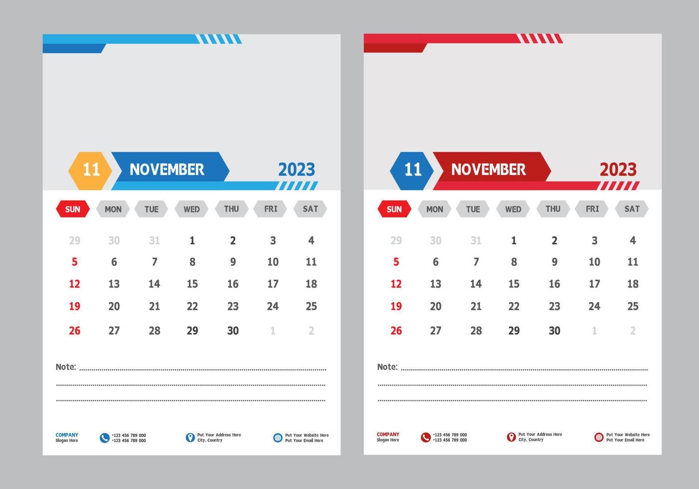 calendario de pared moderno 2023 plantilla de diseño de noviembre pro vector