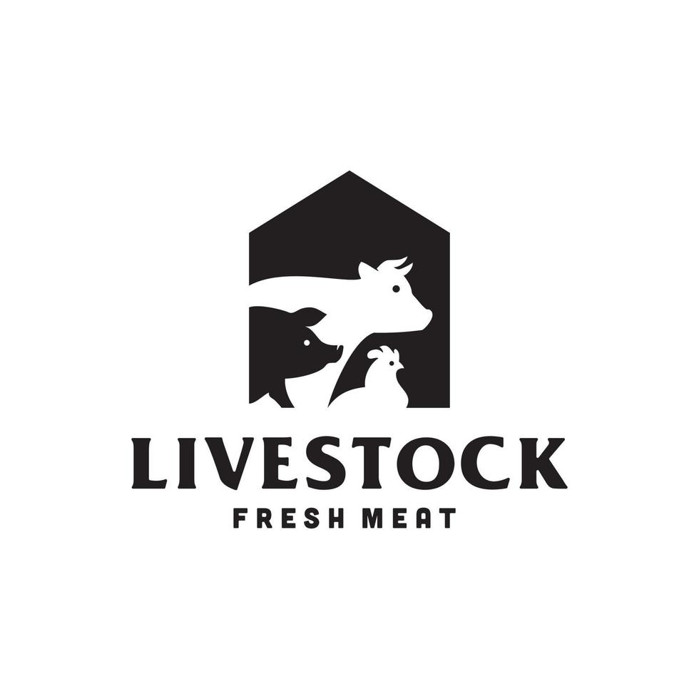 farm animal livestock logo cow,pig,chicken label, poultry house logo, butchery barn illustration hipster silhouette vector