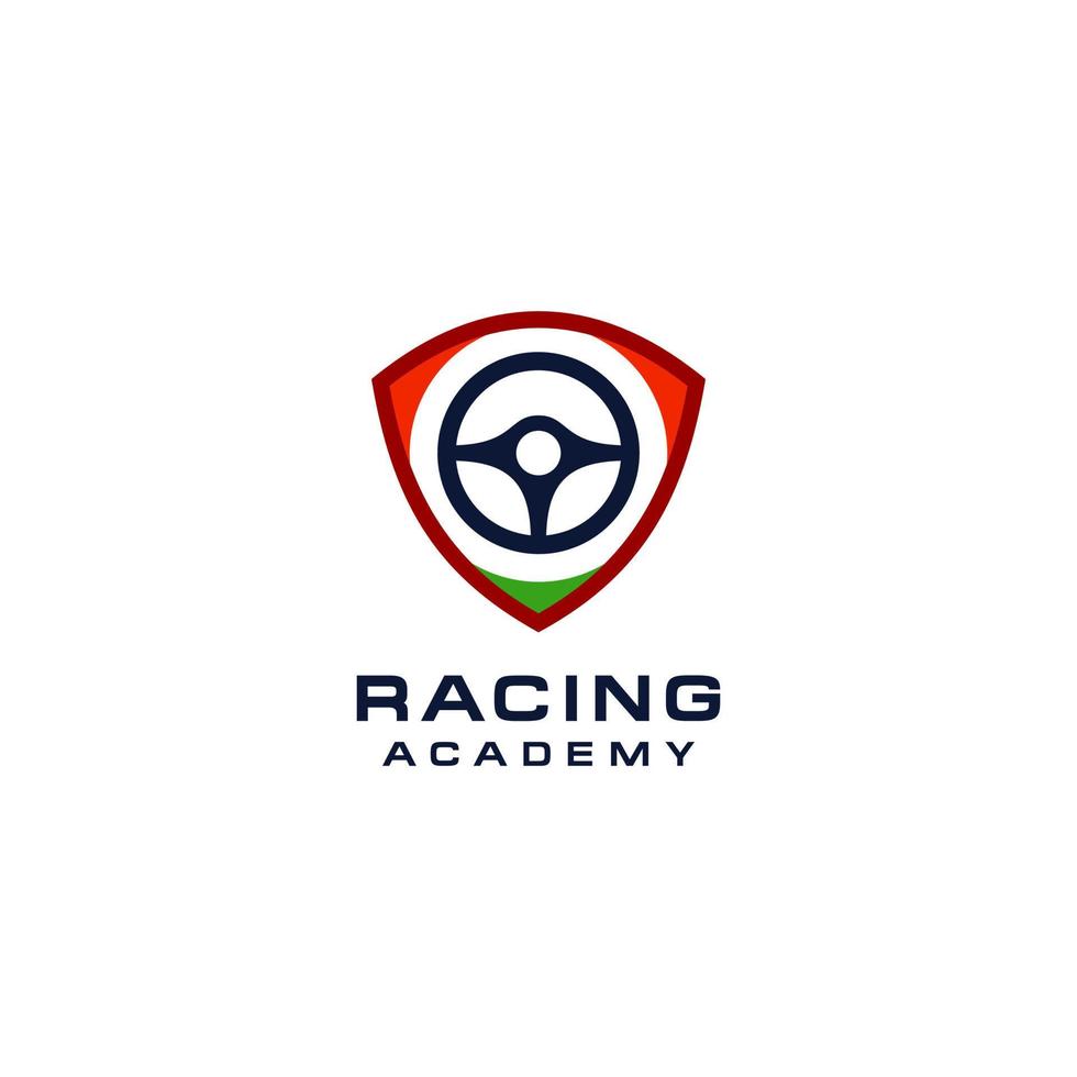 racing car logo academy design in emblem Illustration, secure driving car shield steering wheel icon logo vector