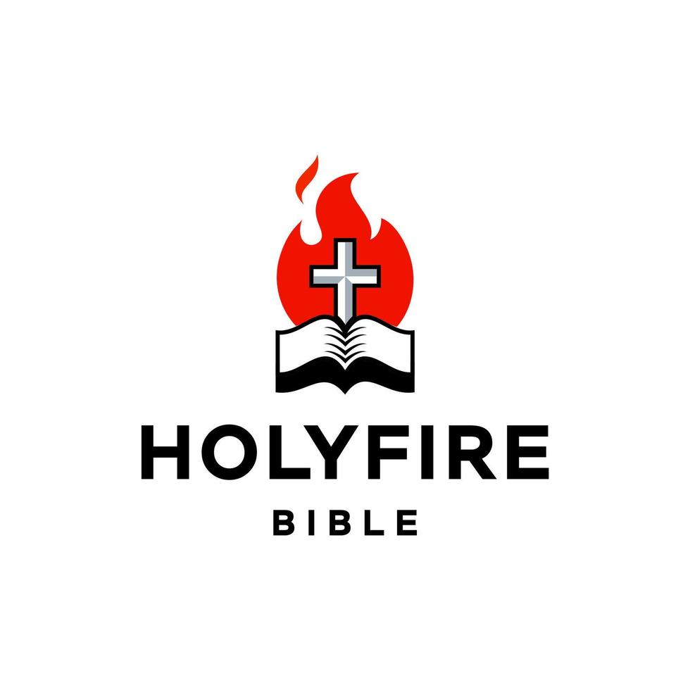 cross, bible and fire icon, Church logo. The open bible and the holy cross fire flame background vector