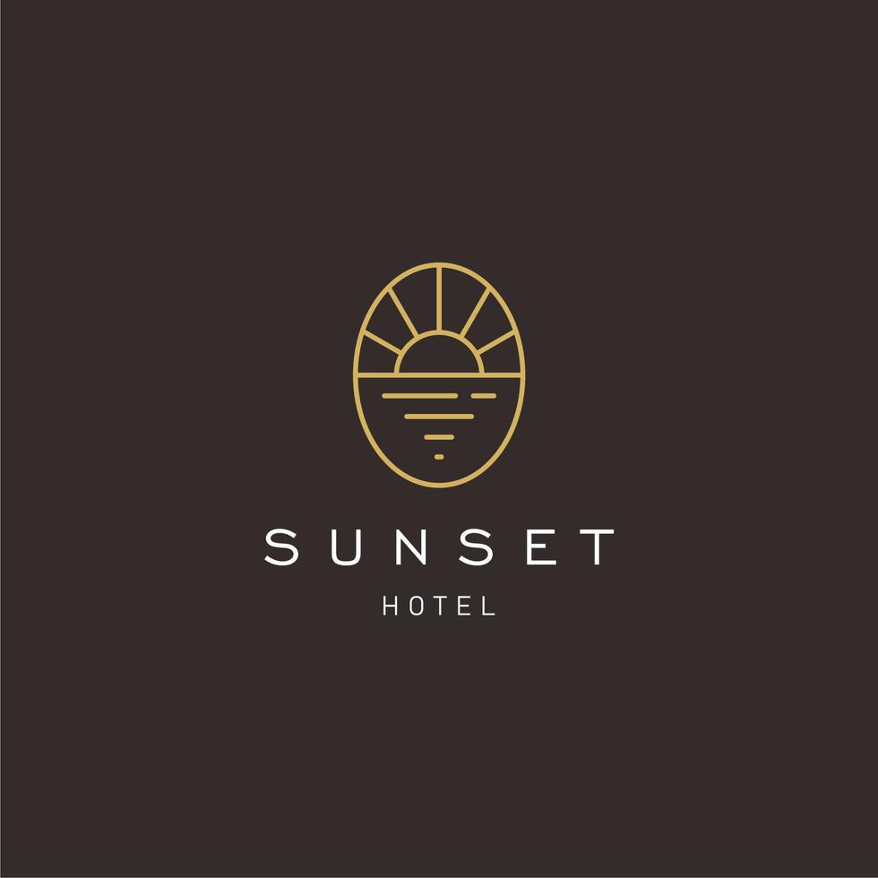 elegante hipster oro sol puesta de sol amanecer con playa océano mar agua logo icono vector en línea de moda lineal, contorno logo vector para hotel