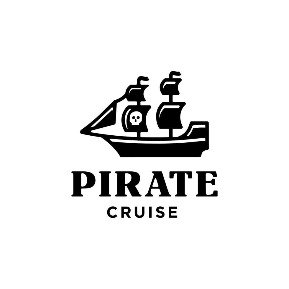 barco de batalla pirata negro barco línea de moda ilustración logo dibujos animados con calavera en la vela vector