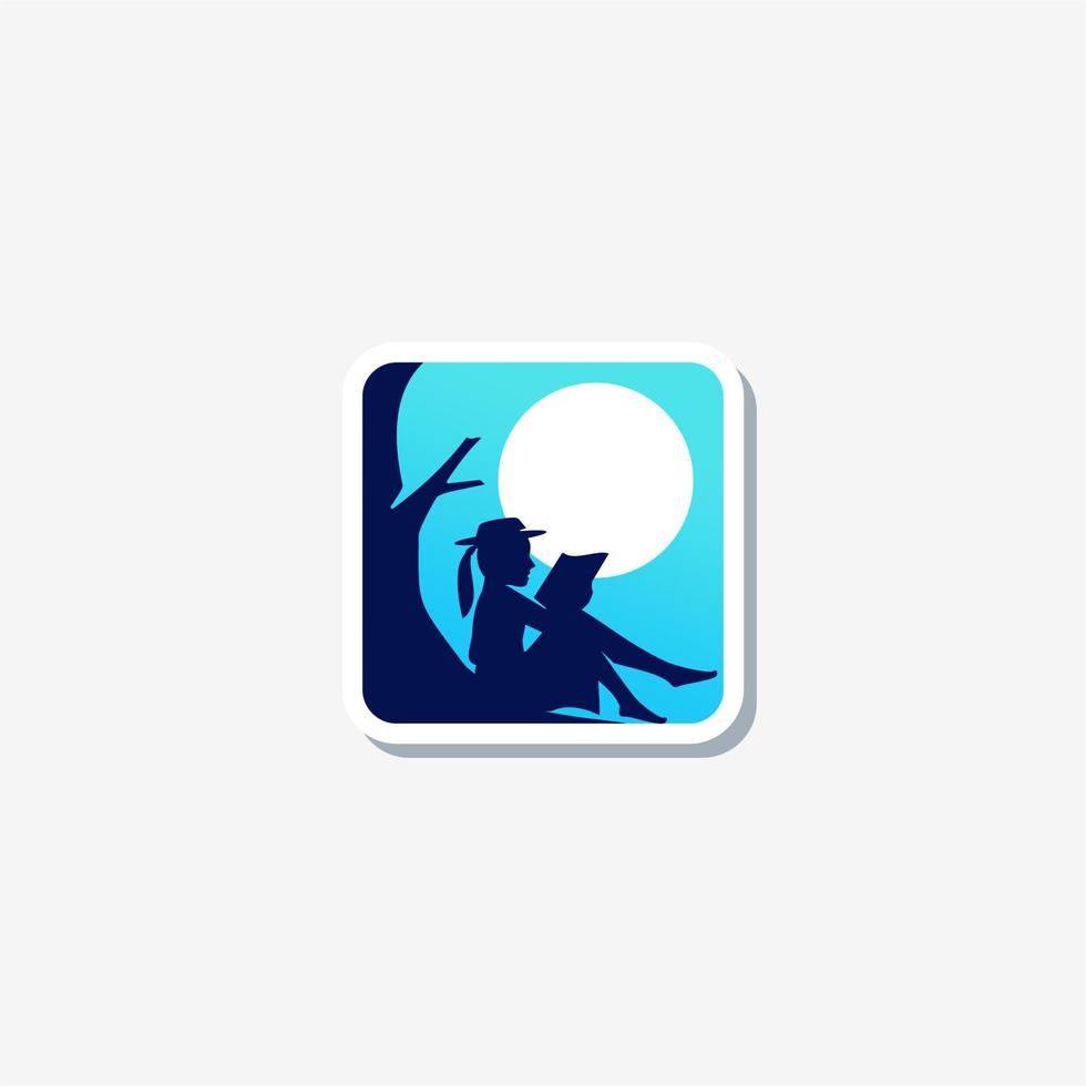 girl reading book sit under sun or moon illustration icon app logo design vector