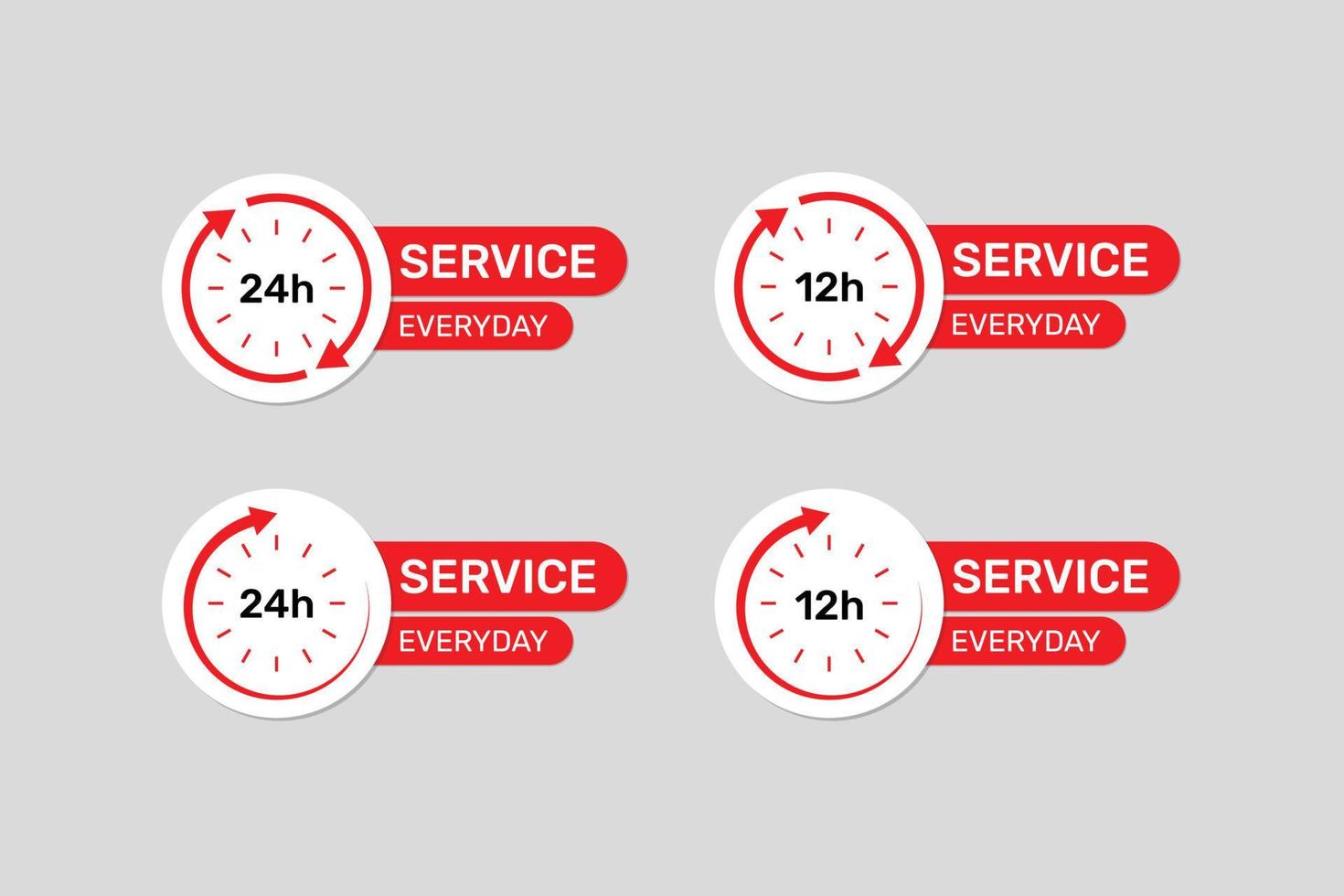 etiqueta de asistencia de servicio de vector todos los días 24 y 12 horas con reloj.