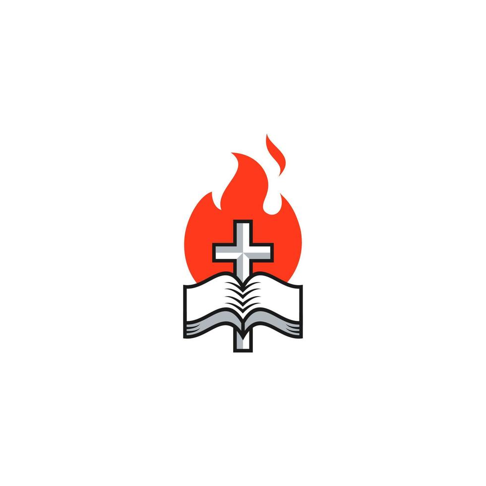 icono de cruz, biblia y fuego, logo de la iglesia. la biblia abierta y la cruz de jesús contra el fondo del fuego. vector