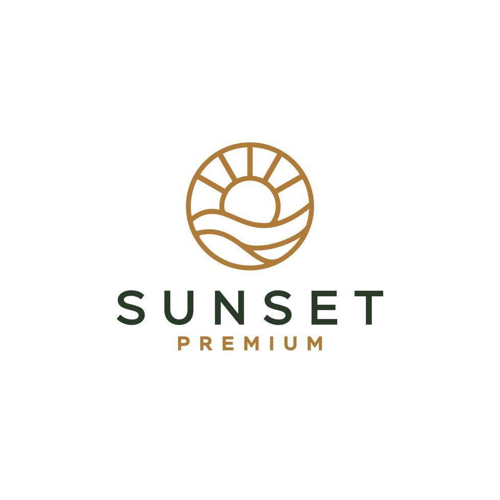 elegant hipster gold sun sunset sunrise with beach ocean sea water logo icon vector in trendy line linear, outline logo vector for hotel