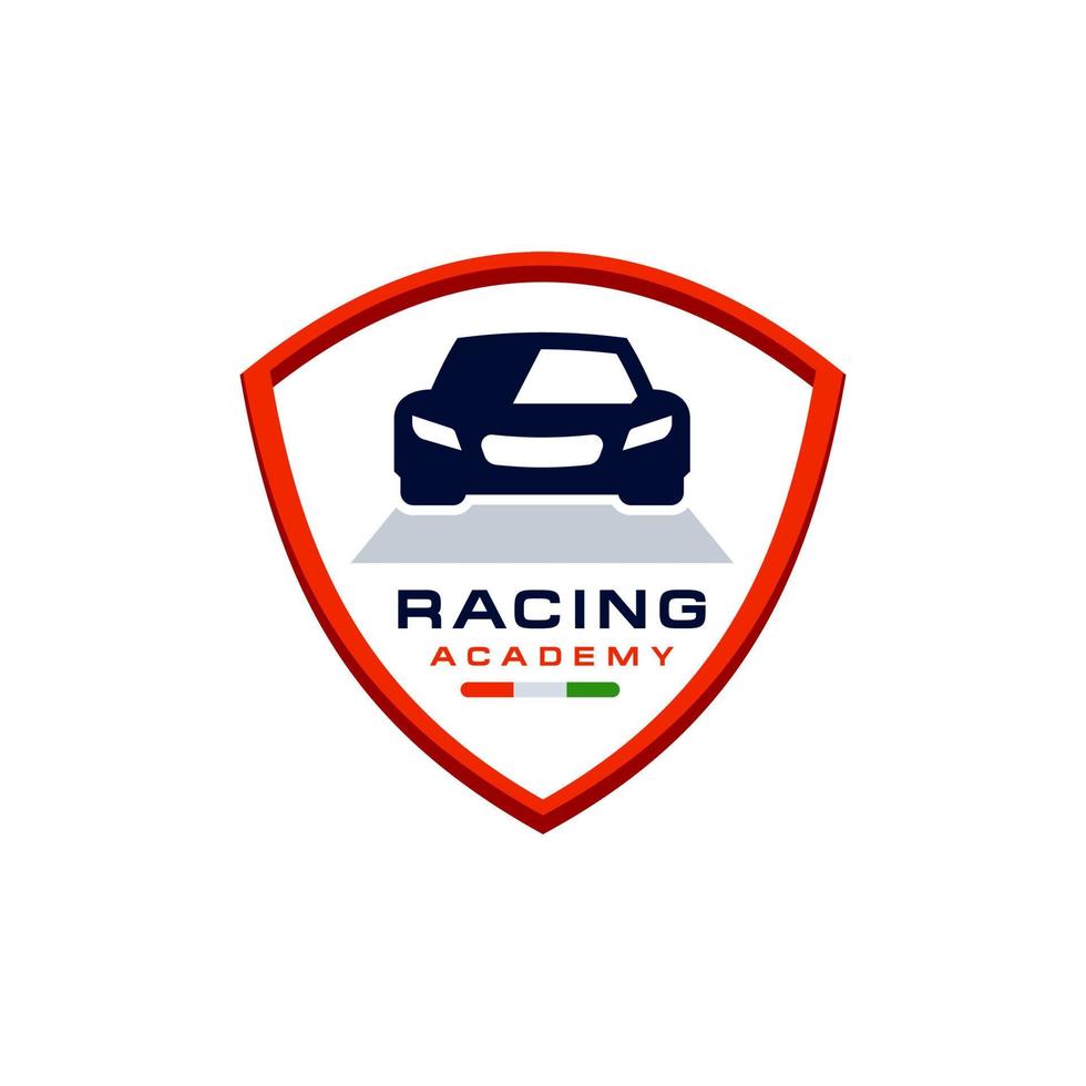 racing car logo academy design in emblem Illustration, secure driving car shield steering wheel icon logo vector
