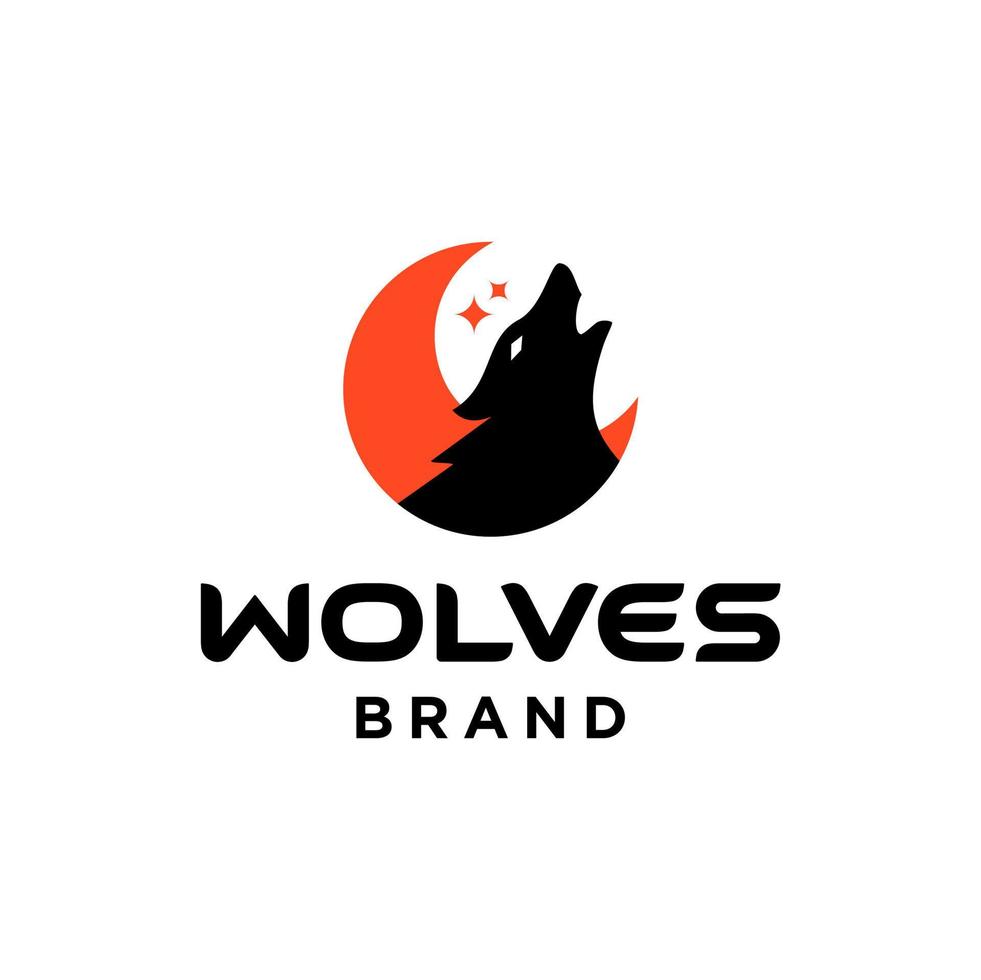 Silhouette Head Howling red wolf fox with red moon and star logo vector icon vector design illustration template