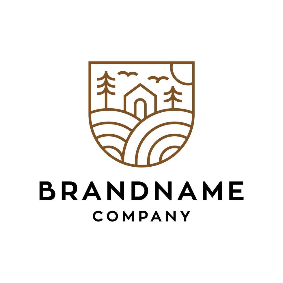 hipster badge logo of farm agriculture house home in Forest with tree and bird trendy line linear outline style illustration design vector