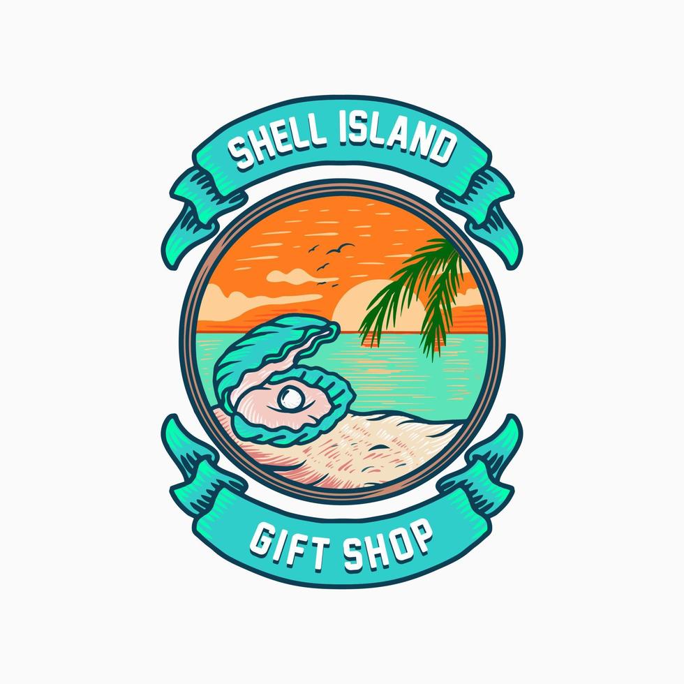 logotipo de ilustración de playa con concha, perla, cocotero, diseño de icono tropical de amanecer al atardecer, en una insignia hipster colorida de moda vector